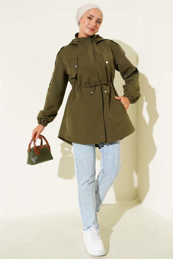 Waist Tunnel Hooded Trench Coat Khaki