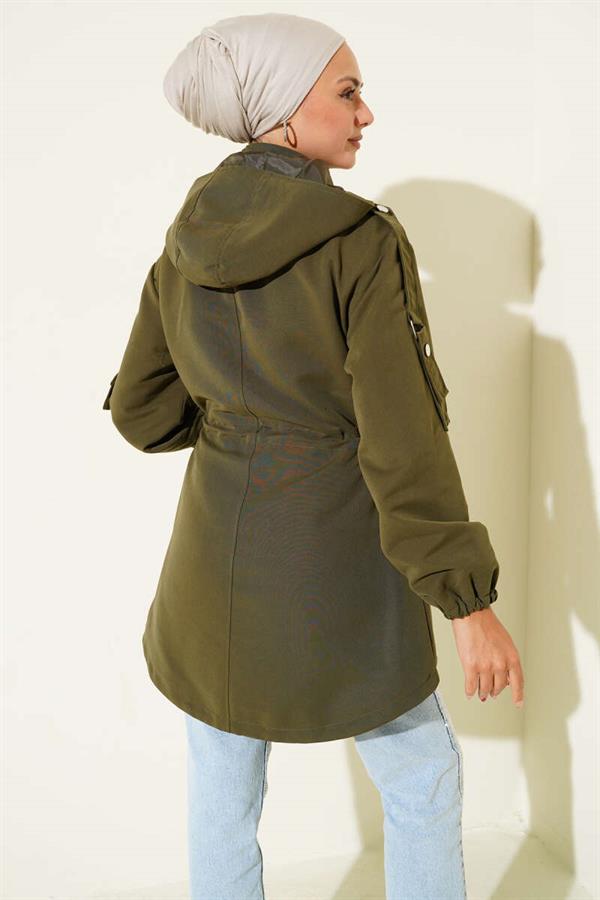 Waist Tunnel Hooded Trench Coat Khaki