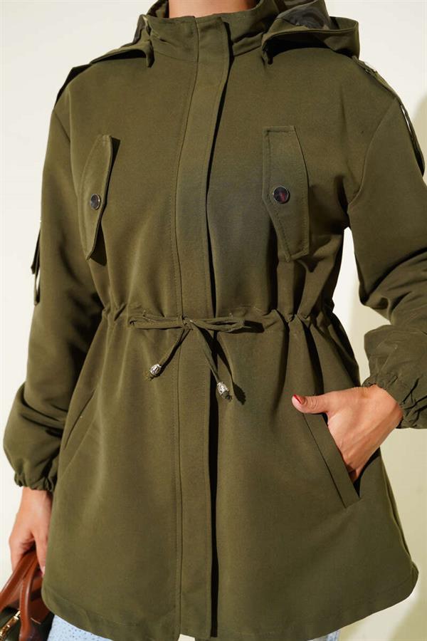 Waist Tunnel Hooded Trench Coat Khaki