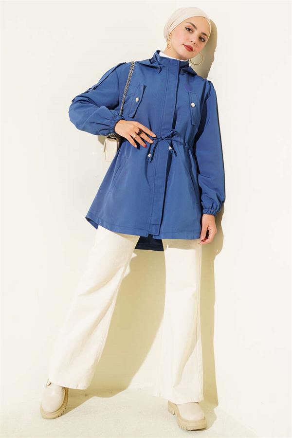 Waist Tunnel Hooded Trench Coat Indigo