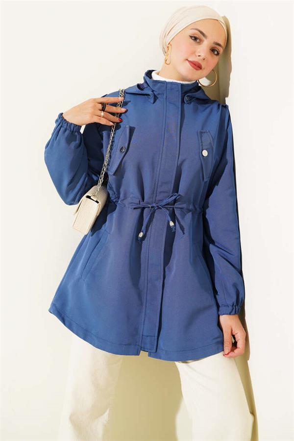 Waist Tunnel Hooded Trench Coat Indigo