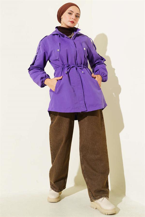 Waist Tunnel Hooded Trench Coat Purple