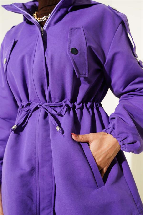 Waist Tunnel Hooded Trench Coat Purple