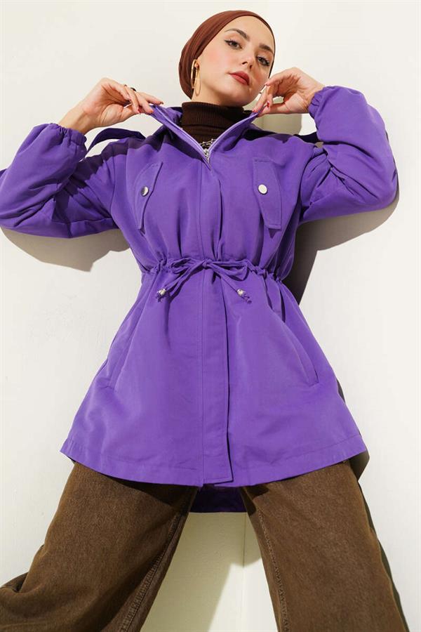 Waist Tunnel Hooded Trench Coat Purple