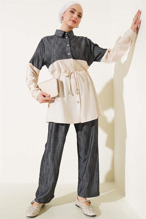 Waist Tunnel Denim Garnished 2 Piece Set Beige