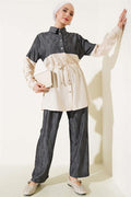 Waist Tunnel Denim Garnished 2 Piece Set Beige