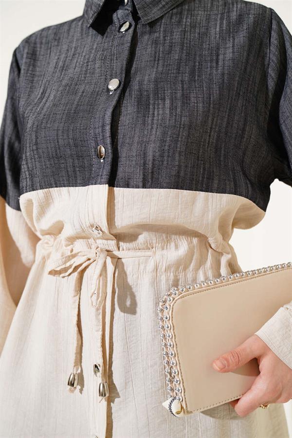 Waist Tunnel Denim Garnished 2 Piece Set Beige