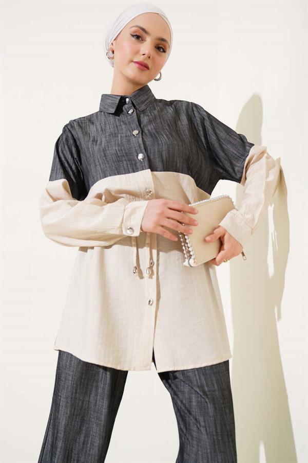Waist Tunnel Denim Garnished 2 Piece Set Beige
