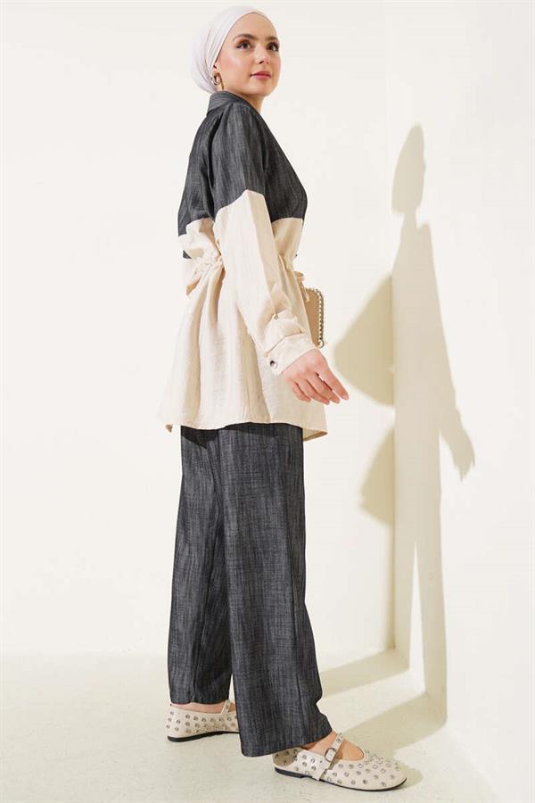Waist Tunnel Denim Garnished 2 Piece Set Beige