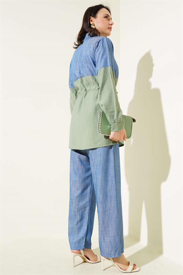 Waist Tunnel Denim Garnished 2 Piece Set Age Green