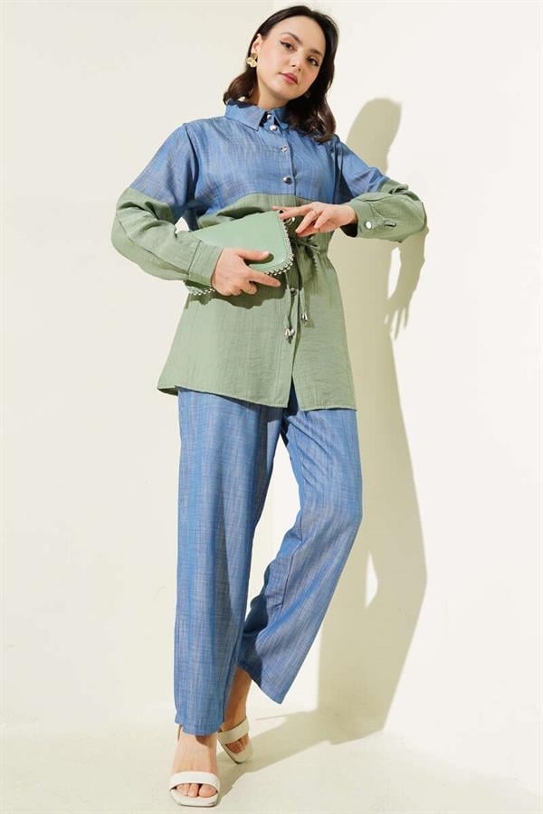 Waist Tunnel Denim Garnished 2 Piece Set Age Green