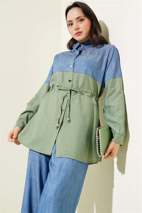 Waist Tunnel Denim Garnished 2 Piece Set Age Green