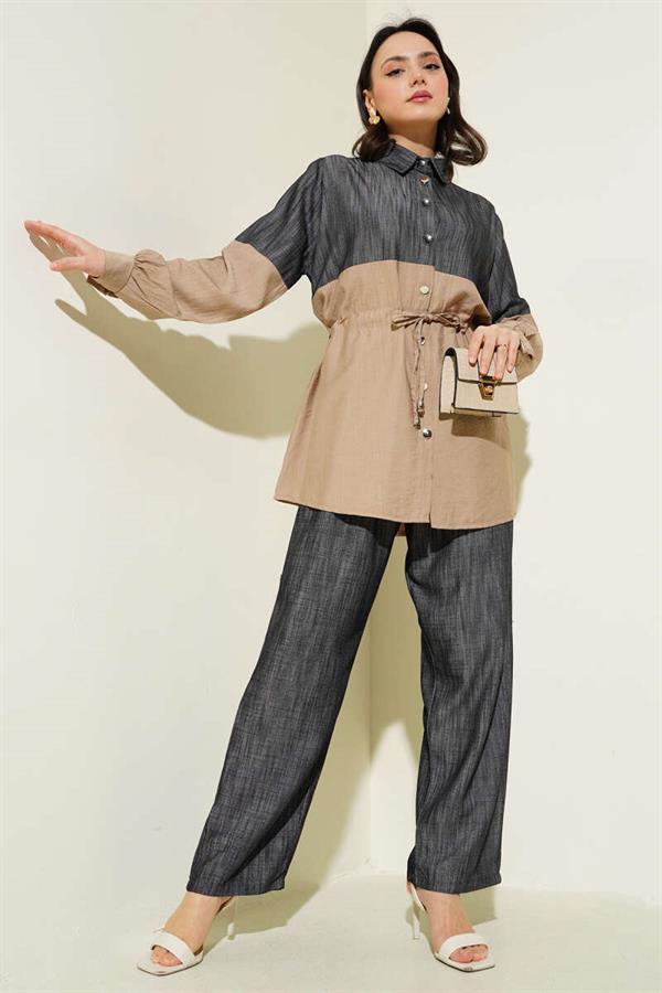 Waist Tunnel Denim Garnished 2 Piece Set Latte