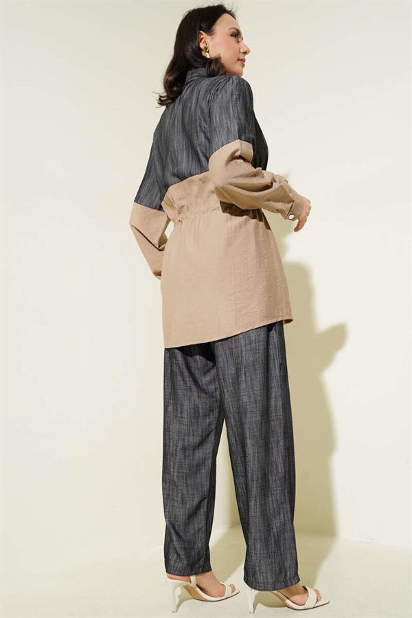 Waist Tunnel Denim Garnished 2 Piece Set Latte