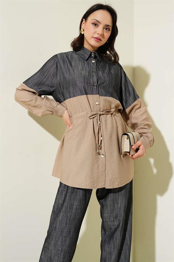 Waist Tunnel Denim Garnished 2 Piece Set Latte