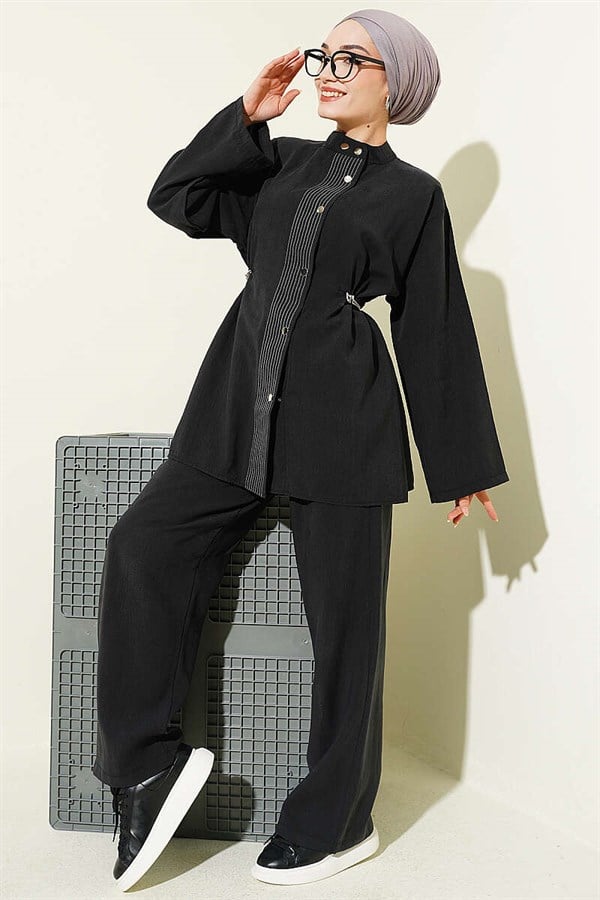 Black Modal 2 Piece Set with Elasticated Waist and Snap Buttons