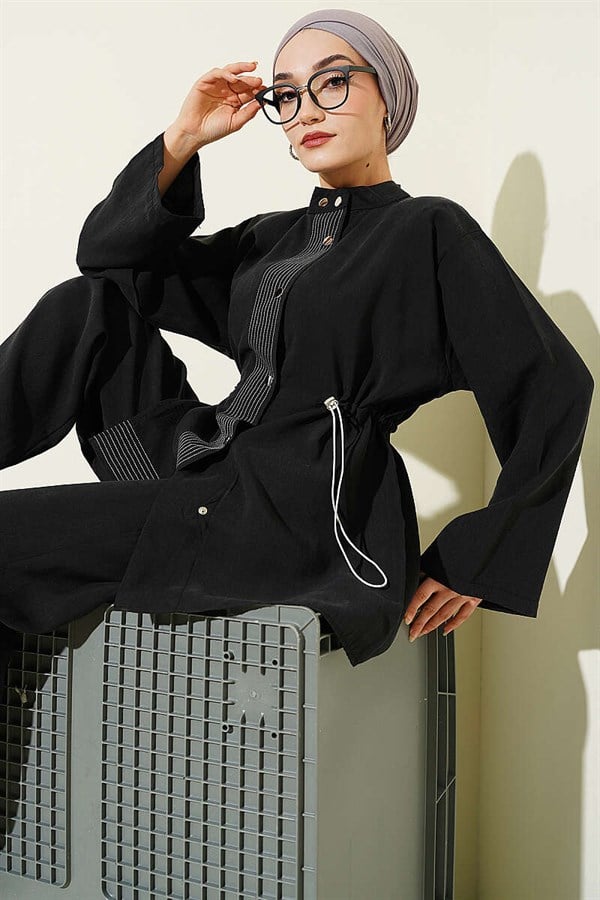 Black Modal 2 Piece Set with Elasticated Waist and Snap Buttons