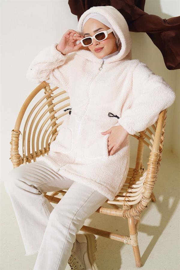 Elasticated Plush Cardigan with Waist Tunnel, Ecru