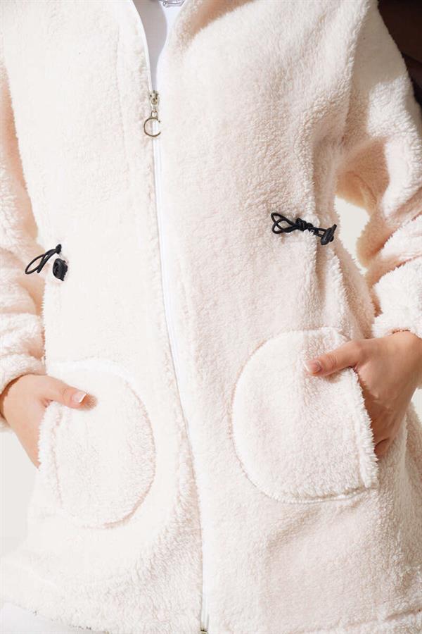 Elasticated Plush Cardigan with Waist Tunnel, Ecru
