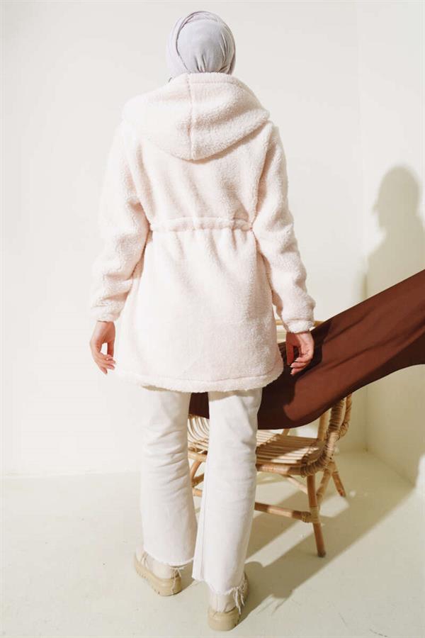 Elasticated Plush Cardigan with Waist Tunnel, Ecru