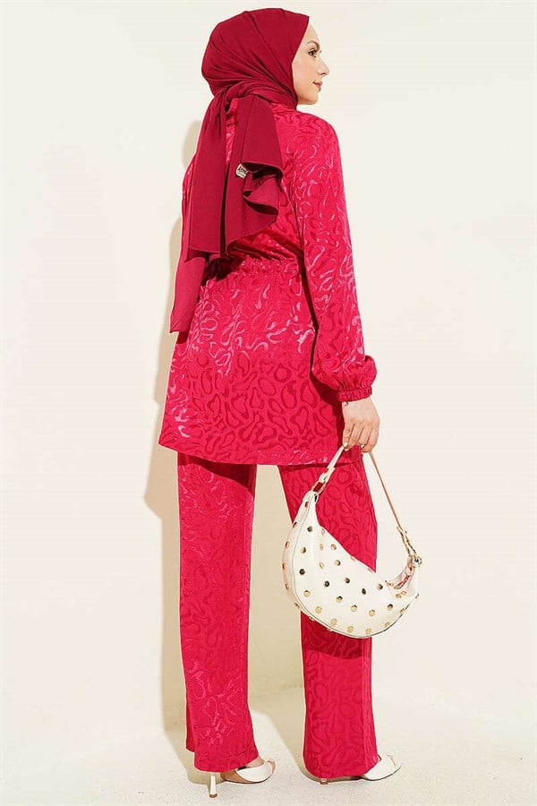 Leopard Print Jacquard 2 Piece Set with Waistline, Burgundy