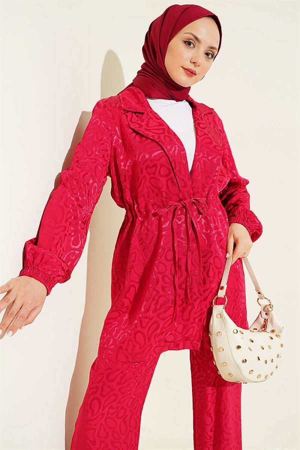 Leopard Print Jacquard 2 Piece Set with Waistline, Burgundy