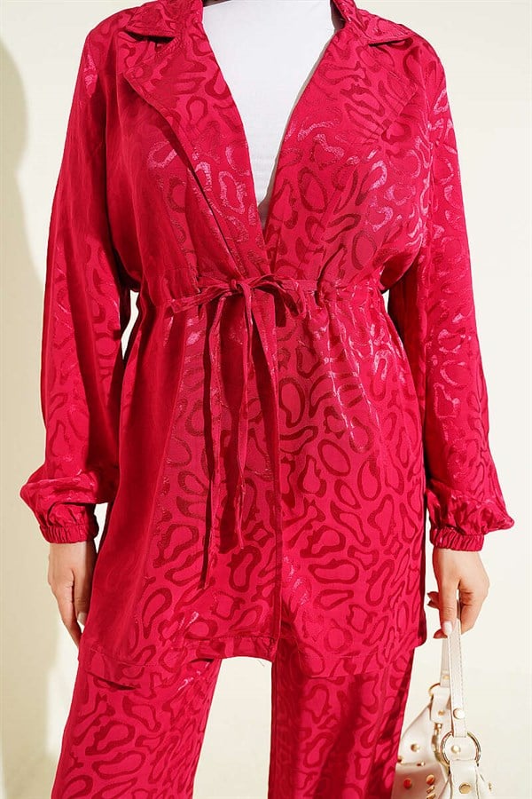 Leopard Print Jacquard 2 Piece Set with Waistline, Burgundy