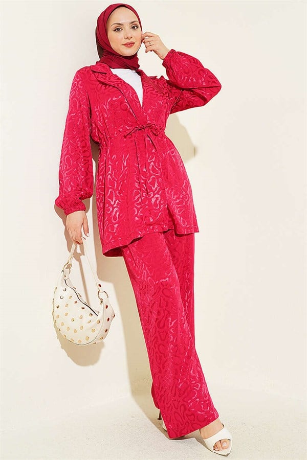 Leopard Print Jacquard 2 Piece Set with Waistline, Burgundy