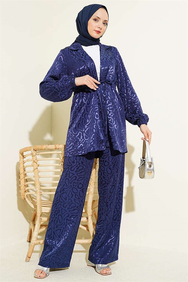 Leopard Print Jacquard 2 Piece Set with Waistline, Navy Blue