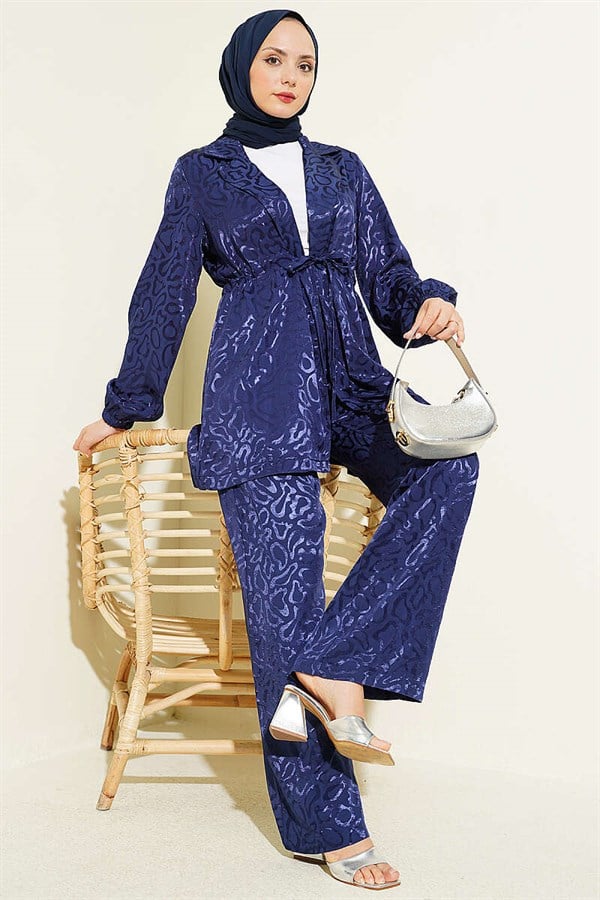 Leopard Print Jacquard 2 Piece Set with Waistline, Navy Blue