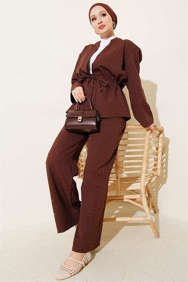 Mini Stone Embellished Double Set with Waist Tunnel, Coffee Brown