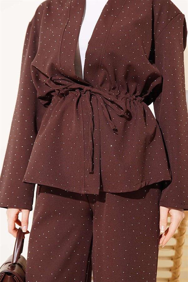 Mini Stone Embellished Double Set with Waist Tunnel, Coffee Brown