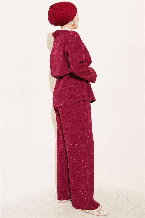 Mini Embellished Double Set with Waist Tunnel, Burgundy