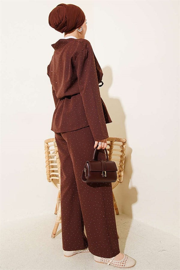 Mini Stone Embellished Double Set with Waist Tunnel, Coffee Brown