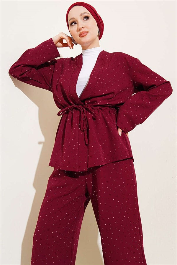 Mini Embellished Double Set with Waist Tunnel, Burgundy