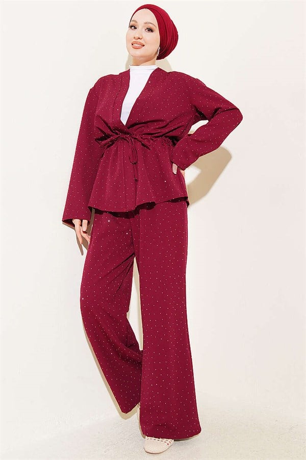 Mini Embellished Double Set with Waist Tunnel, Burgundy