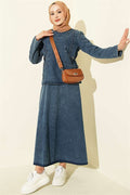2 Piece Set with ribbed skirt and belt loop, denim blue.