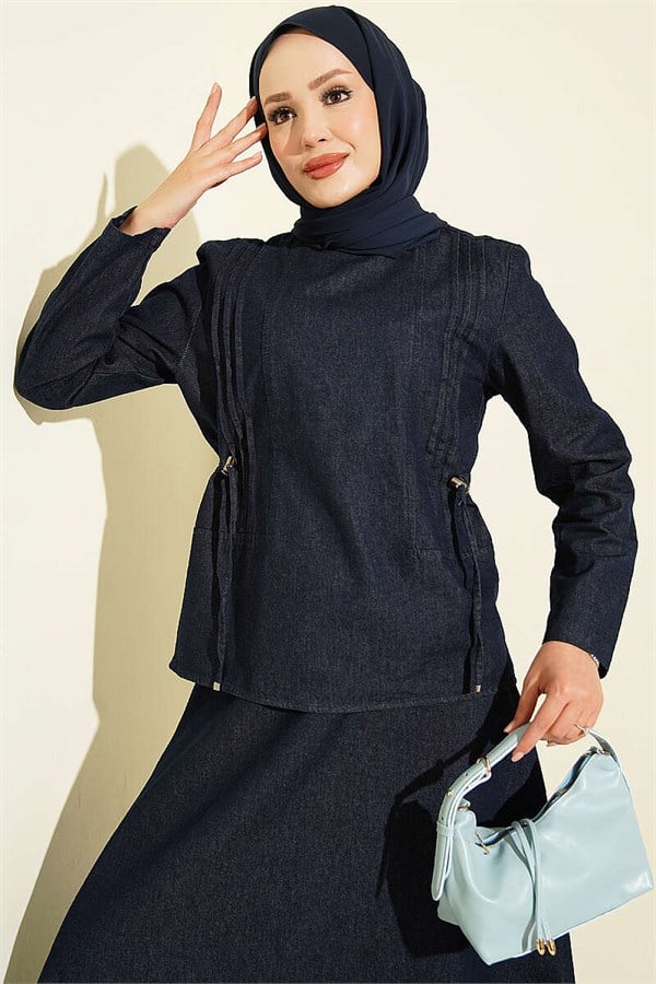 2 Piece Set with Ribbed Skirt and Waistline, Dark Blue