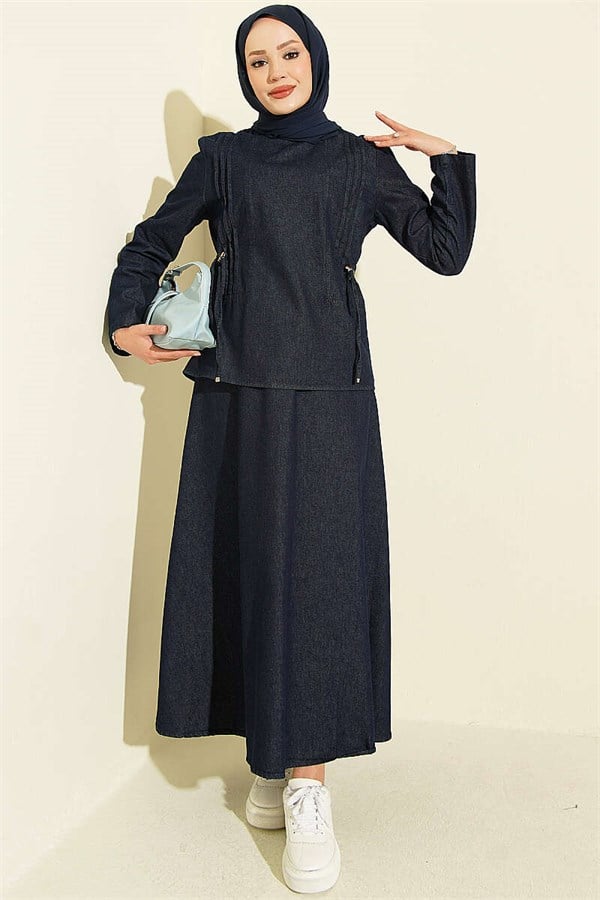 2 Piece Set with Ribbed Skirt and Waistline, Dark Blue