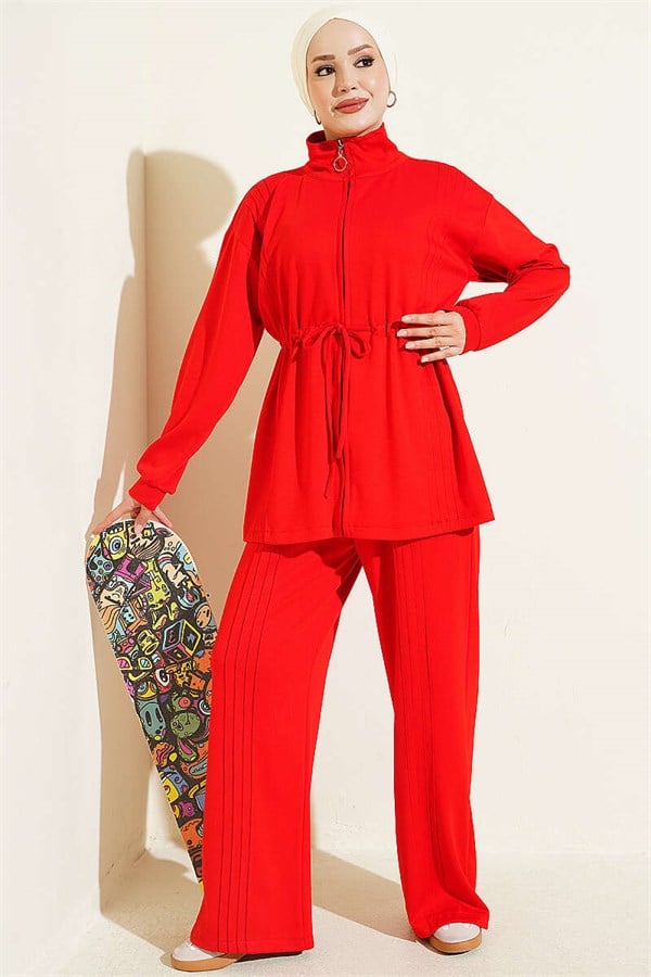 Ribbed 2 Piece Set with Waist Tunnel, Red