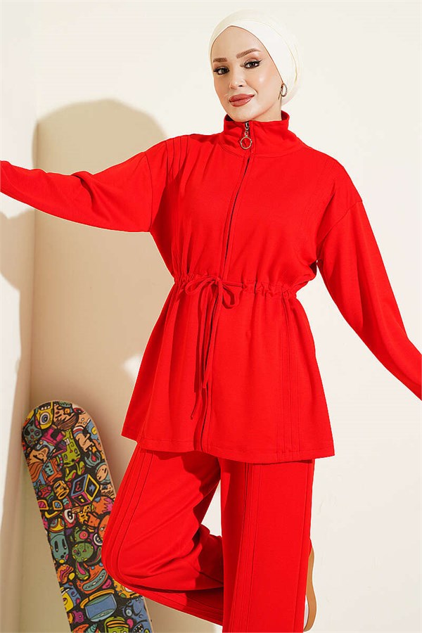 Ribbed 2 Piece Set with Waist Tunnel, Red