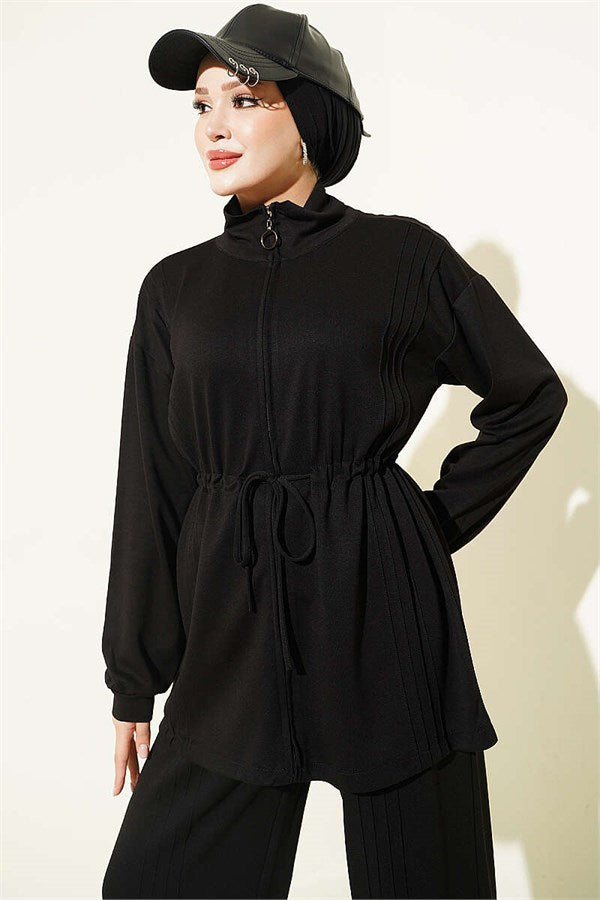 Ribbed 2 Piece Set with Waist Tunnel, Black