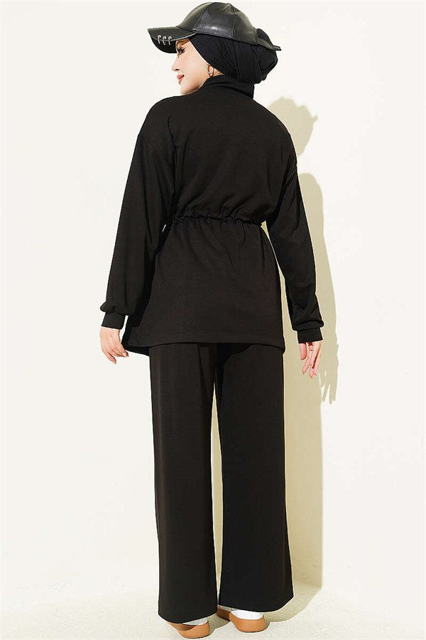 Ribbed 2 Piece Set with Waist Tunnel, Black