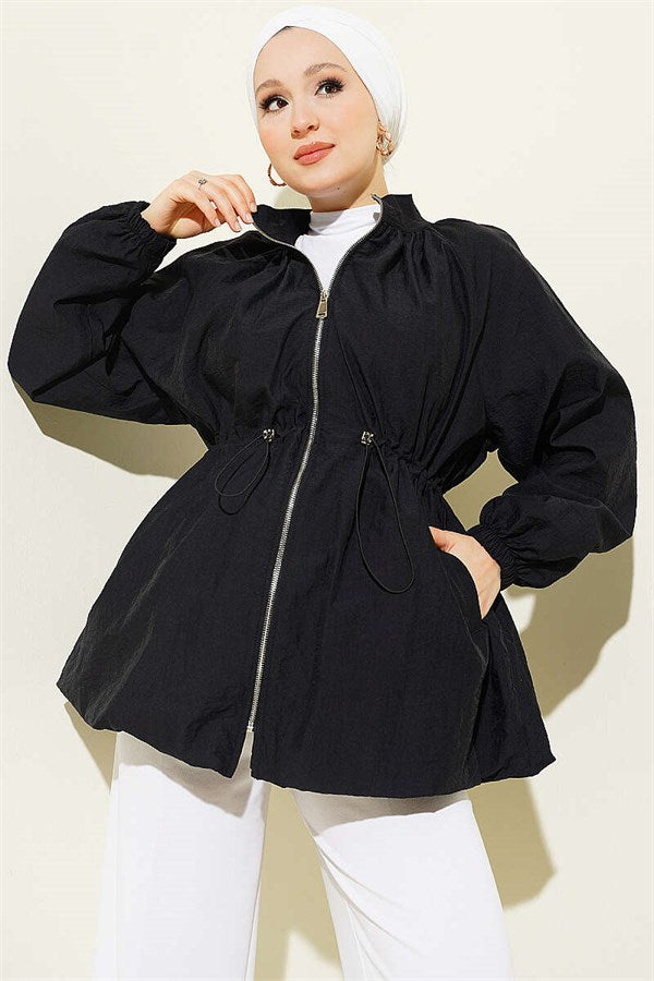 Black Parachute Jacket with Waist Tunnel