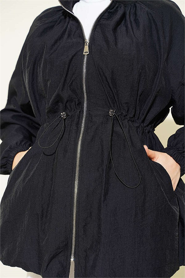 Black Parachute Jacket with Waist Tunnel