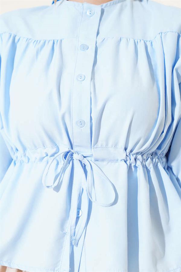 Waist Tunnel Pleated Short Shirt Baby Blue