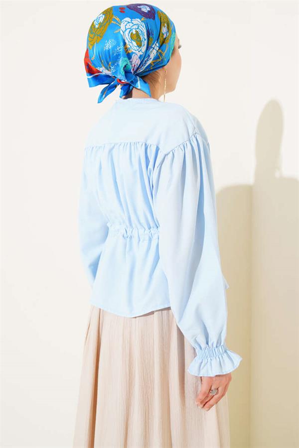 Waist Tunnel Pleated Short Shirt Baby Blue