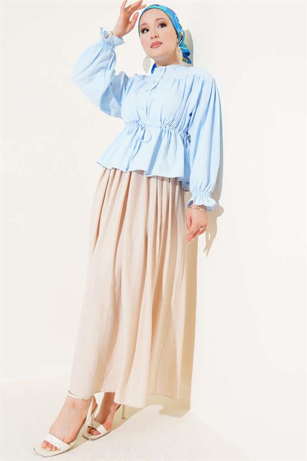 Waist Tunnel Pleated Short Shirt Baby Blue