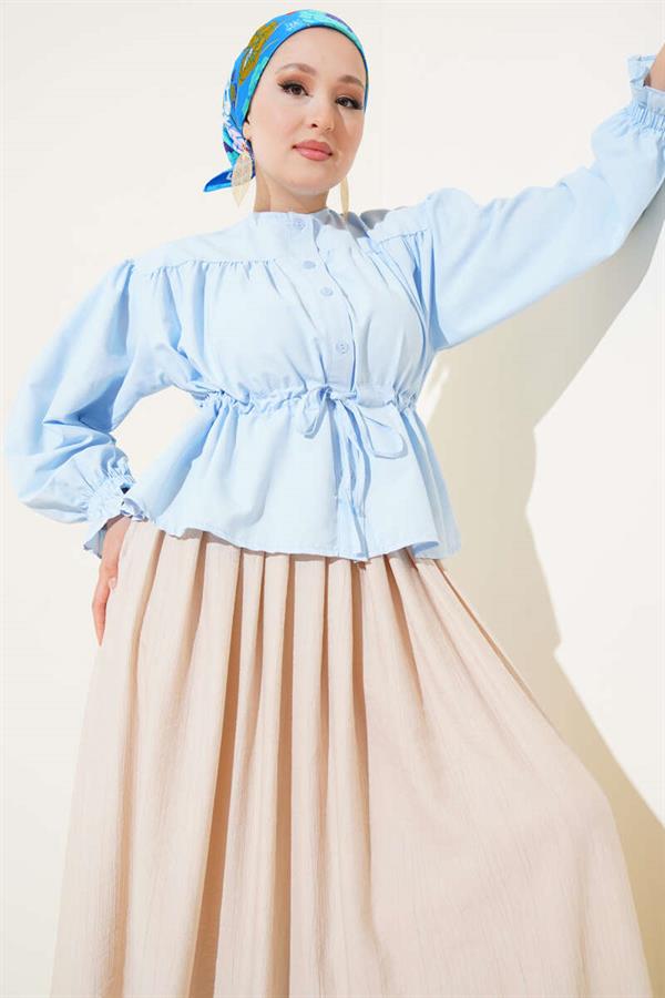 Waist Tunnel Pleated Short Shirt Baby Blue