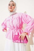 Waist Tunnel Pleated Short Shirt Pink